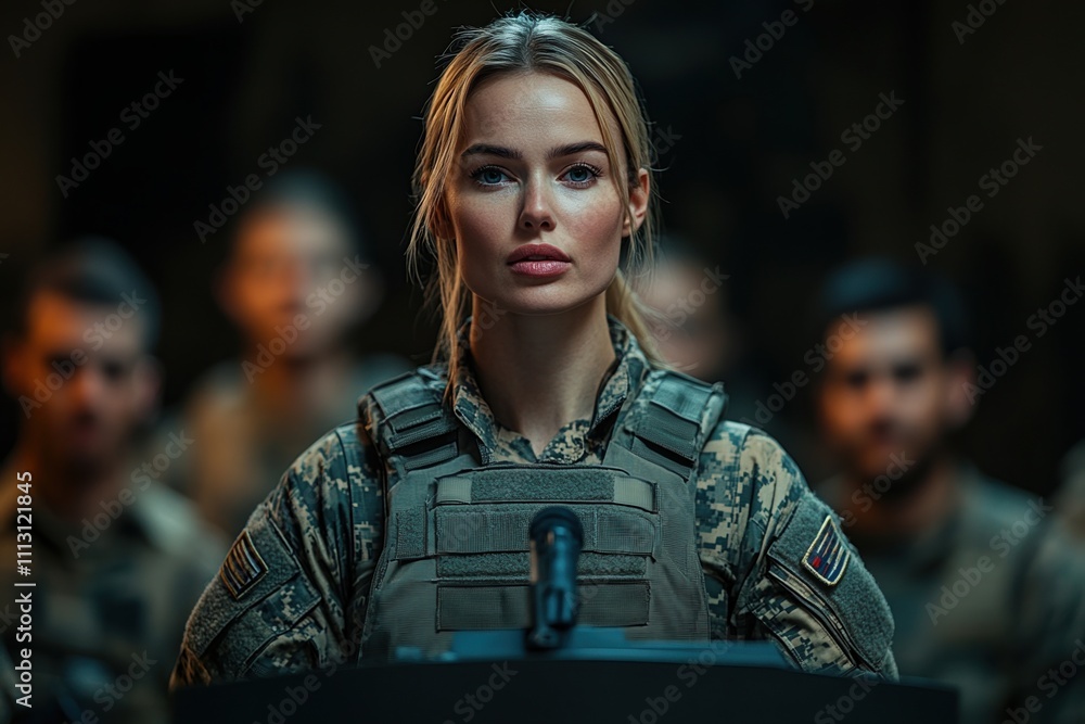 Confident Female Military Leader Standing With Team Behind Her Giving Inspirational Speech Leadership Concept Confident Female Military Leader Standing With Team Behind Her Giving Inspirational Speech Leadership Concept