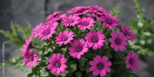 Cineraria plant with vibrant pink flowers blooming in the summer , flowerbed arrangements, perennial plants, summer flowers