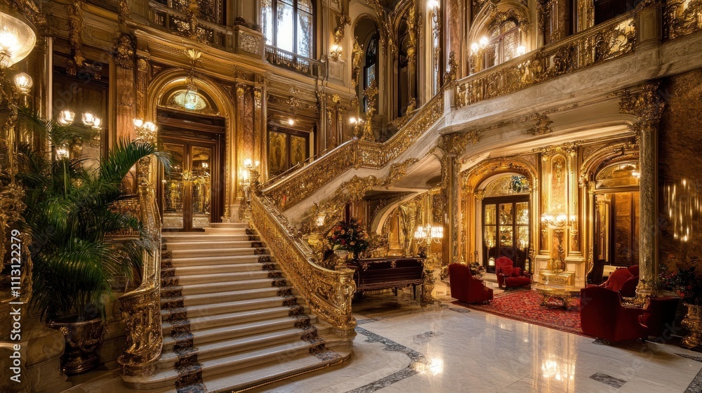 Obraz premium Opulent Baroque-style luxury hotel lobby, gilded details, grand staircase, marble floors, 