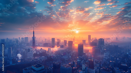 A Stunning Steampunk Cityscape at Sunrise, Showcasing Architectural Wonders and a Vibrant Sky Filled with Colors and Atmosphere for Imaginative Projects