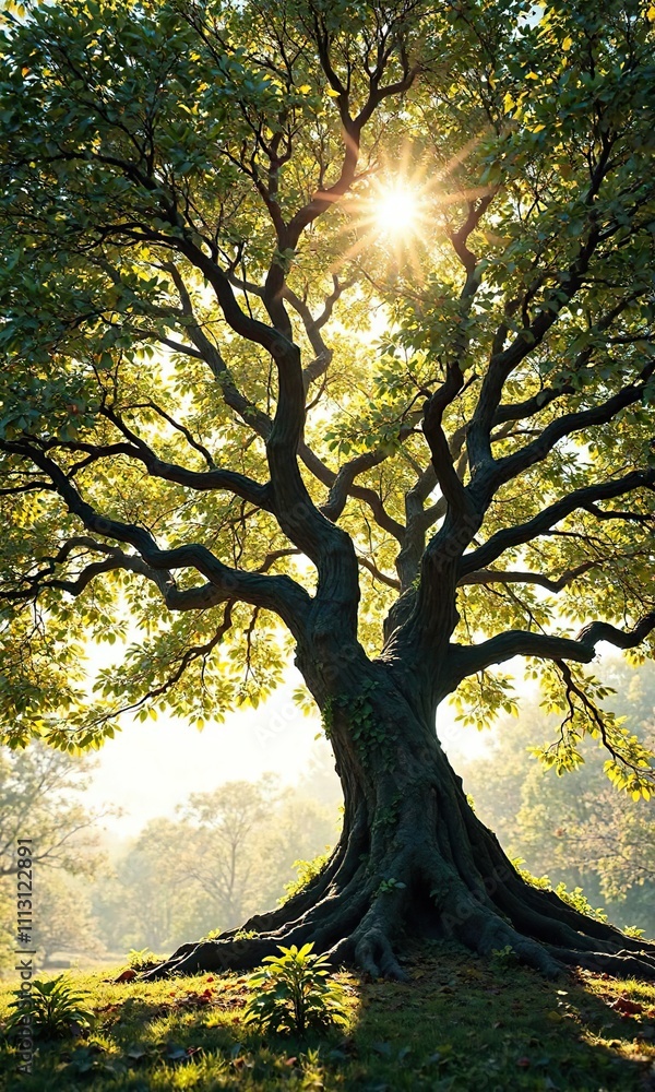 Tree with sprawling branches and lush foliage bathed in warm sunlight filtering through the leaves, branches, tree Tree with sprawling branches and lush foliage bathed in warm sunlight filtering through the leaves, branches, tree