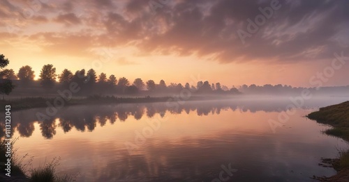 Misty Elbe River at sunset with fog rolling in , water reflections, outdoor scenes, elbe river germany