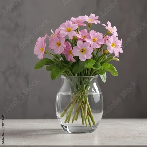 Wallpaper Mural Simple glass vase holding a small bunch of fresh spring primroses with a natural base , understated beauty, subtle elegance, spring flowers Torontodigital.ca