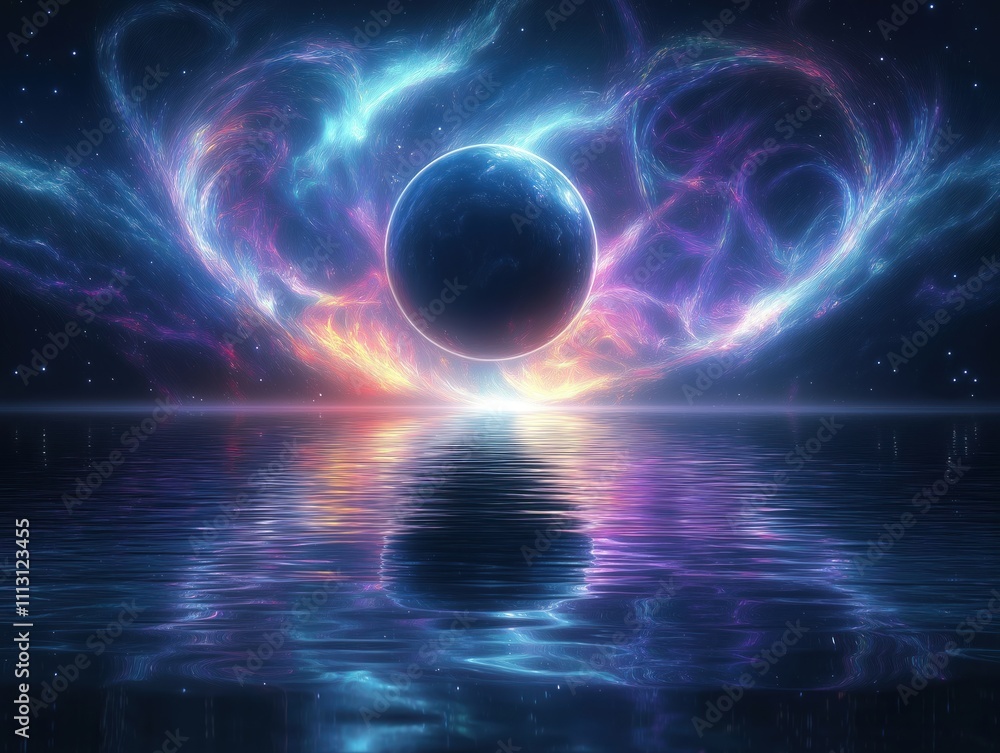 Obraz premium Amazing planet with colorful nebulos filaments reflected in calm water. Cosmic scene with bright colors. Nebulae filaments surround large planet. Vivid colors reflect in water. Sci-fi illustration.