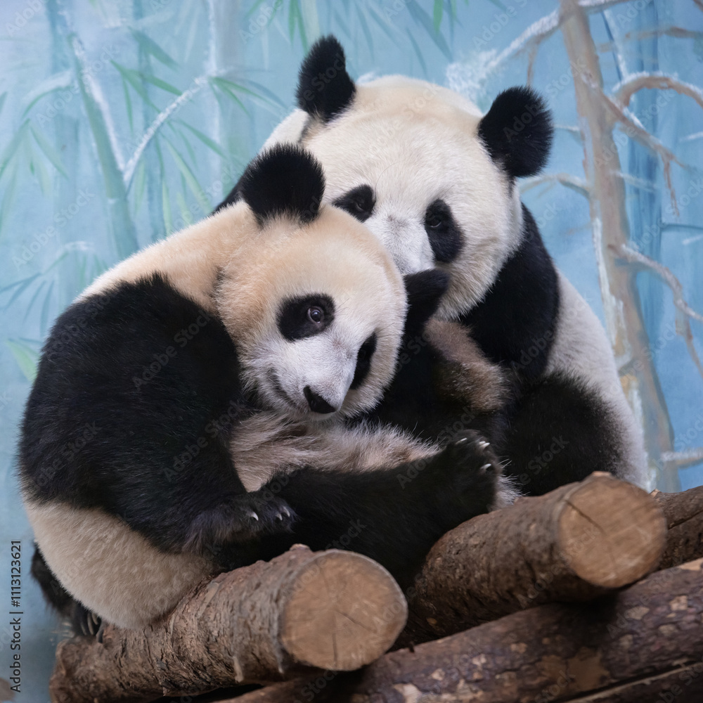 Naklejka premium Giant pandas - Mom Din Din and daughter Katjusha at the Moscow Zoo