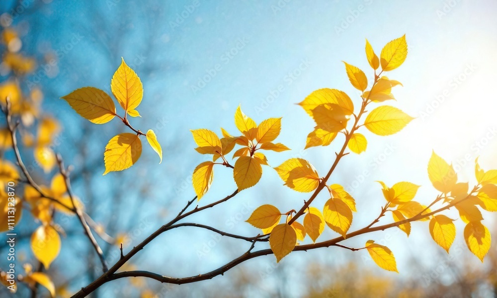 Yellow leaves on a bare branch rustling softly in the sun, foliage, Yellow leaves on a bare branch rustling softly in the sun, foliage,