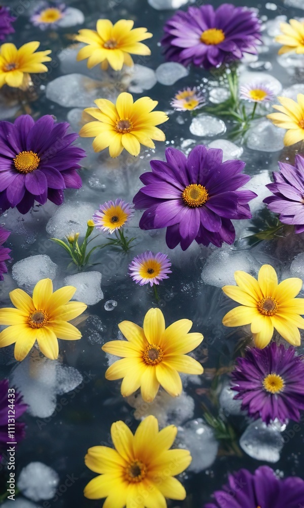 Purple and yellow summer flowers submerged in ice water, floral arrangement , ice Purple and yellow summer flowers submerged in ice water, floral arrangement , ice