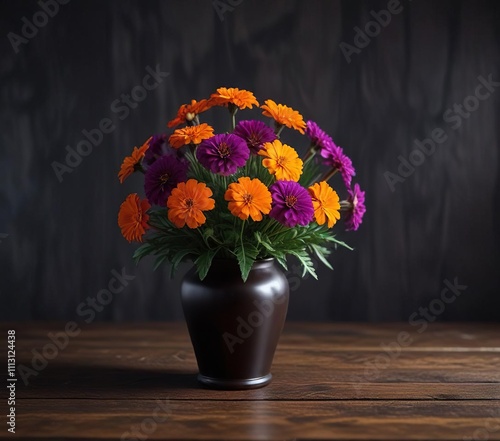 Wallpaper Mural Purple and orange marigold flowers in a vase on a dark wooden table, purple flowers, orange blooms , hibiscus alternative Torontodigital.ca