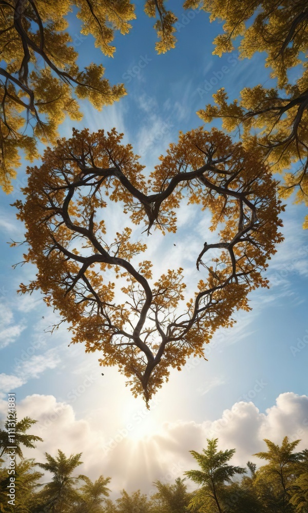 Obraz premium A tree's branches and leaves forming a heart shape in the sky, meadow, earthy