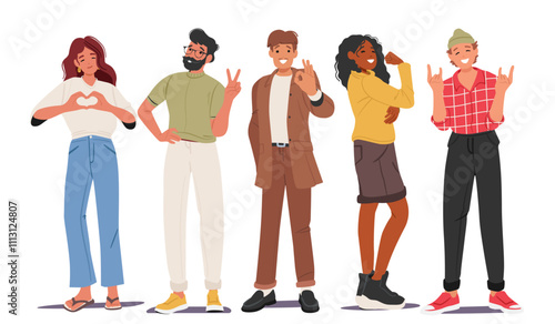 Diverse multiethnic people cartoon character showing different positive gesture with hands