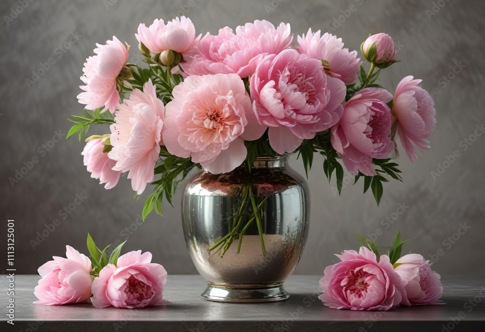 Delicate pink peonies in a beautifully crafted, mercury glass vase, antique charm, flower arrangement Delicate pink peonies in a beautifully crafted, mercury glass vase, antique charm, flower arrangement