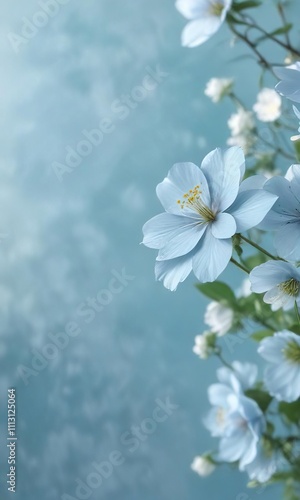 Light blue background with subtle bokeh texture and flowers, soft focus effects, , soothing spaces, calming environments, minimalist decor