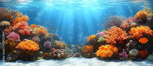 Fototapeta Naklejka Na Ścianę i Meble -  A vibrant underwater scene featuring a colorful coral reef bustling with life. Bright corals in various shapes and hues create a captivating aquatic landscape.