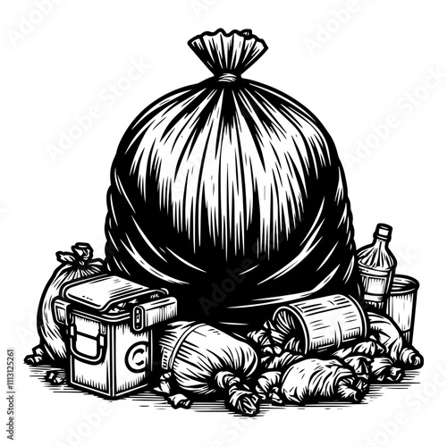 Black and white illustration of a garbage bag filled with trash. Vector, generative ai.