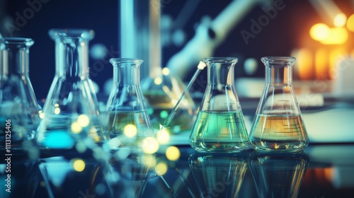 Colorful lab beakers with liquid substances. photo