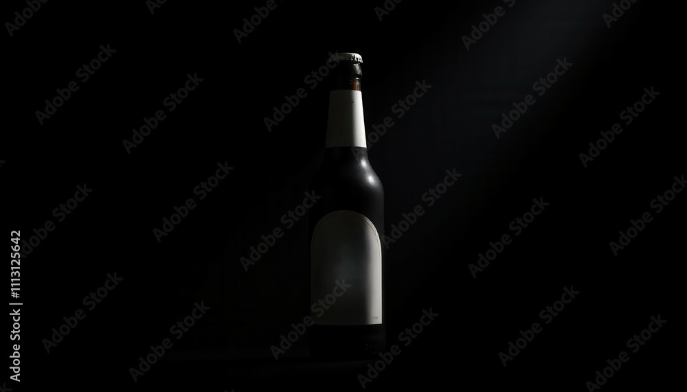 A solitary beer bottle illuminated by a single light source against a dark background, creating a dramatic and minimalist effect. A solitary beer bottle illuminated by a single light source against a dark background, creating a dramatic and minimalist effect.