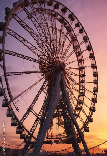 Iron slats of a Ferris wheel in the foreground against a vibrant sunset background, warm light, outdoor scenery photo