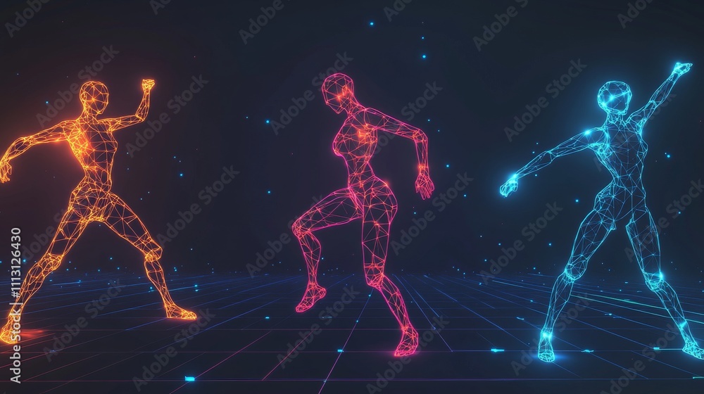 Fototapeta premium Dynamic holographic figures dancing in neon colors.