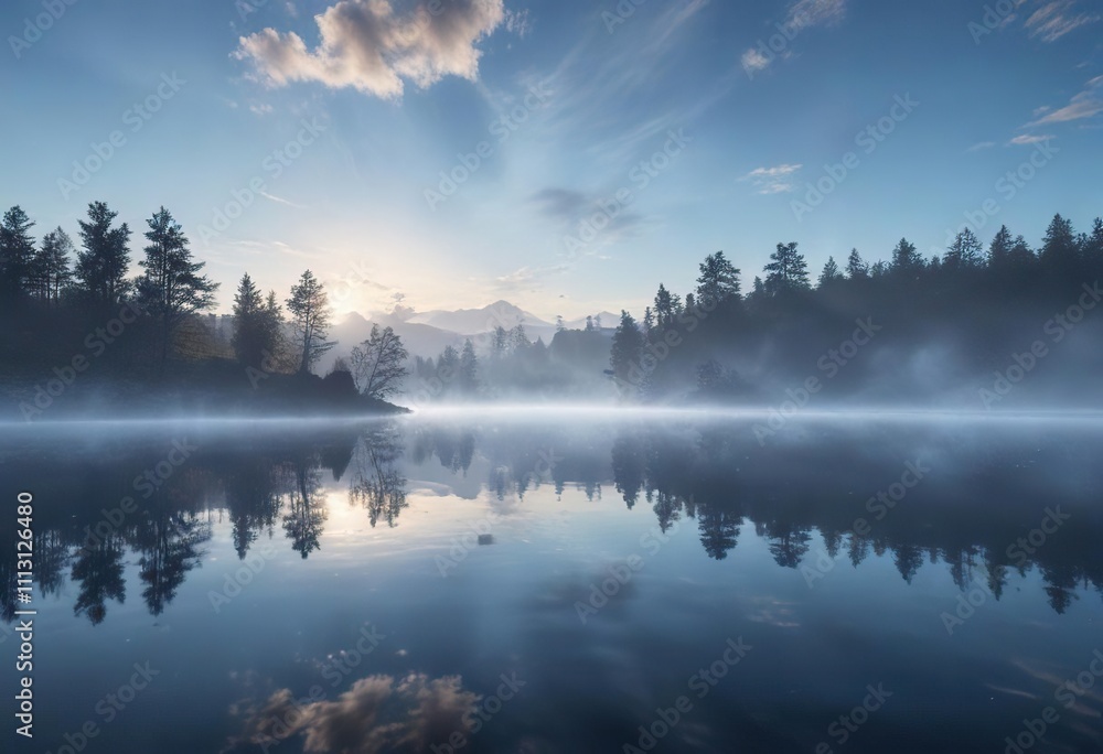 Luminous mist rising from the surface of a serene lake against an abstract blue sky, water, serene Luminous mist rising from the surface of a serene lake against an abstract blue sky, water, serene