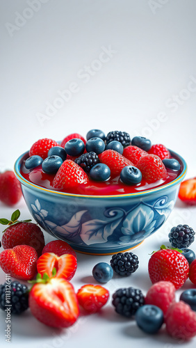 Colorful jelly pudding with assorted berries in blue ceramic dish, dessert perfection, delicious food combinations, indulgent sweets, tantalizing desserts