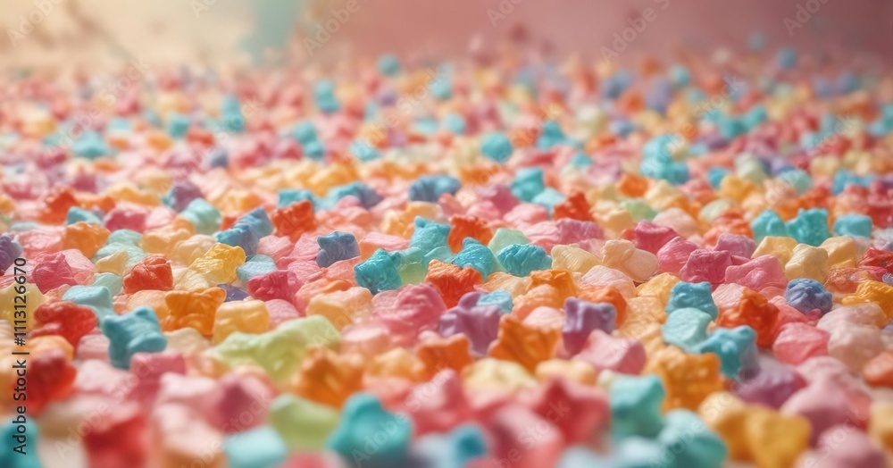 Background made of layered soft pastels creates a sense of depth with floating gummy bears amidst the hues, suspended in air, jelly-like candies, sweets Background made of layered soft pastels creates a sense of depth with floating gummy bears amidst the hues, suspended in air, jelly-like candies, sweets