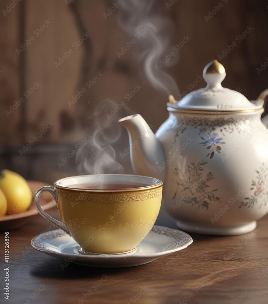 A steaming hot cup of tea in a delicate teapot, delicate china, soft focus, steam rising A steaming hot cup of tea in a delicate teapot, delicate china, soft focus, steam rising