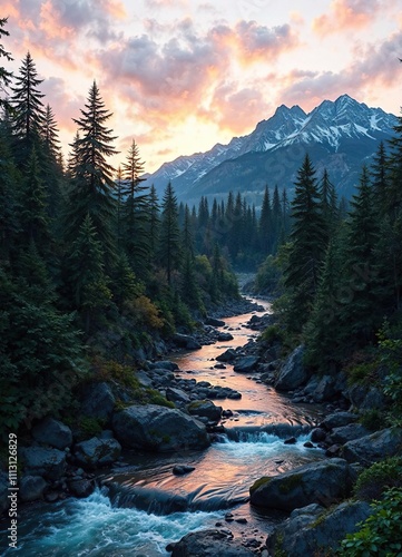 Whistler Creek at dusk with surrounding trees, warm light, creekside, wilderness photo