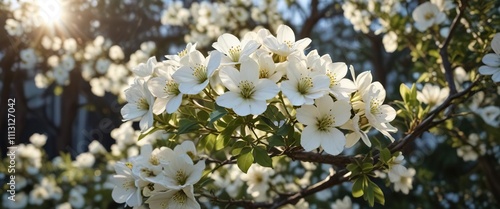 early morning light on white flowers and branches , forest floor flowers with dew, abies pinsapo flowers in morning light, evergreen blossoms in morning photo