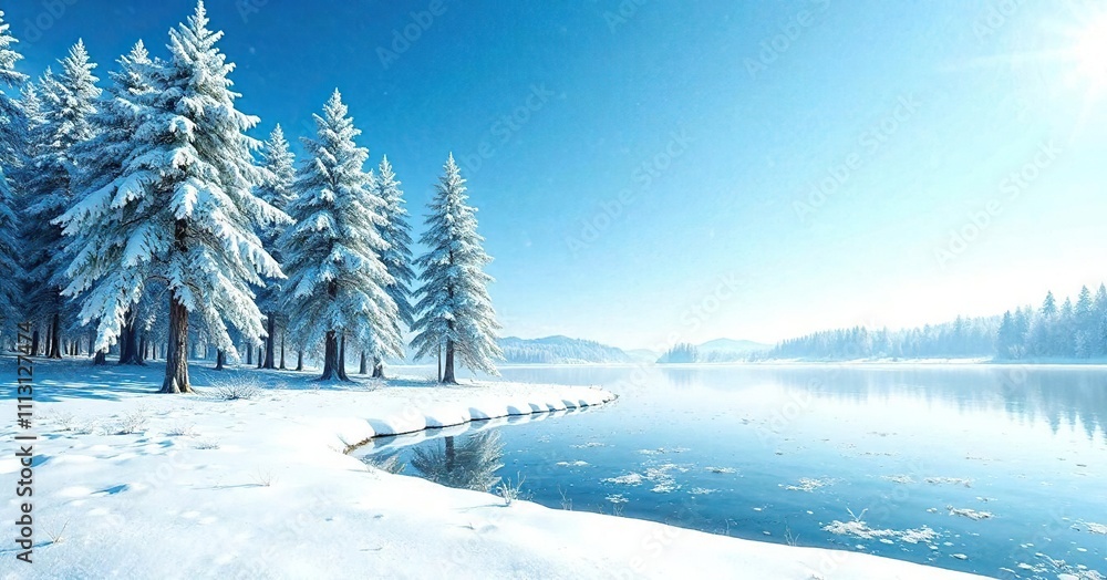 Trees and a snow-covered lake create a stunning winter landscape with a bright blue sky above, natural beauty, serene scene Trees and a snow-covered lake create a stunning winter landscape with a bright blue sky above, natural beauty, serene scene