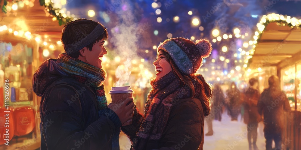 Romantic couple enjoying a cozy winter evening at a festive outdoor market surrounded by glowing string lights Romantic couple enjoying a cozy winter evening at a festive outdoor market surrounded by glowing string lights
