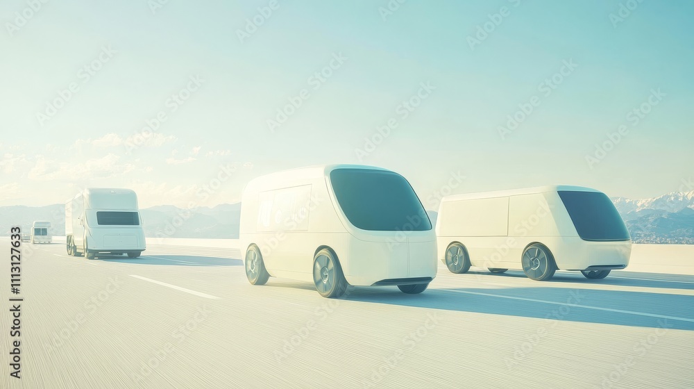 Futuristic delivery vans on an empty highway. Futuristic delivery vans on an empty highway.