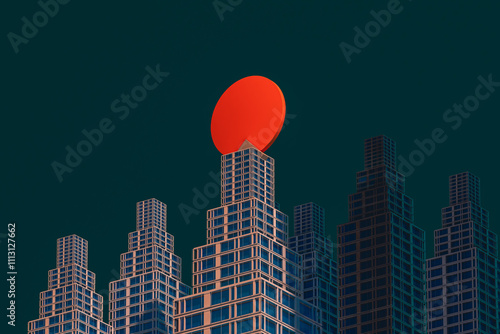 Sunlit modern architecture with red sun setting over skyline photo