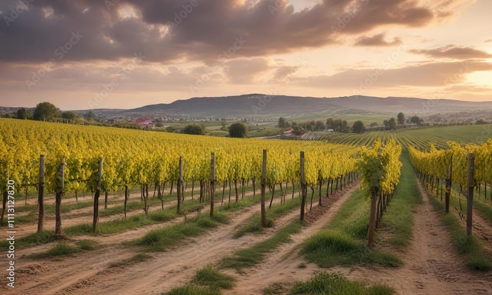 Naklejka premium Soft focus image of a vineyard near Vienna at sunrise with overcast clouds and warm tones, vineyard, sunrise