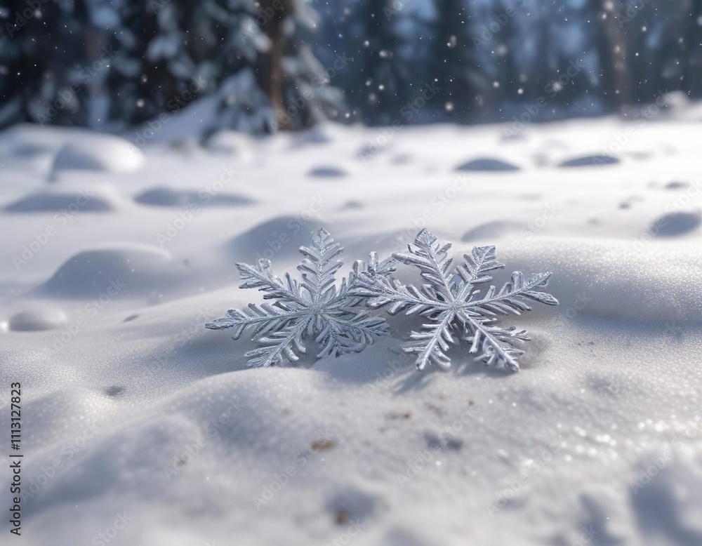 Fototapeta premium Snowflakes gently falling on a blanket of fresh snow, gentle flakes, peaceful landscape, frosty morning