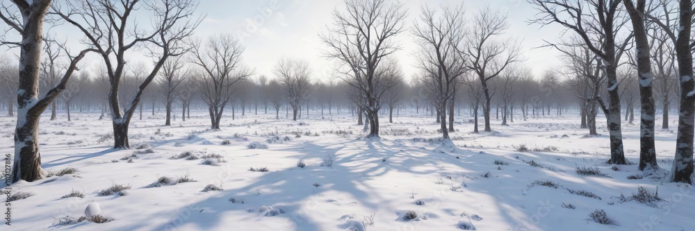 The snowy field is dotted with clusters of bare tree branches and snow-covered trunks as far as the eye can see , barren branchscape, wintry forest, treeless expanse The snowy field is dotted with clusters of bare tree branches and snow-covered trunks as far as the eye can see , barren branchscape, wintry forest, treeless expanse