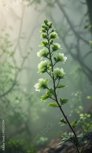 small green blossom against a hazy atmosphere, herbaceous, verdant foliage, foggy landscape photo