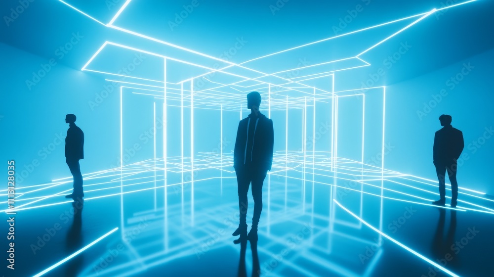 Futuristic figures in a neon-lit space. Futuristic figures in a neon-lit space.