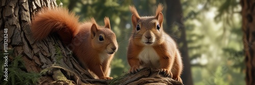 A bushy-tailed squirrel with reddish-brown fur scurries up the trunks of two adjacent fir trees , conifer, needleleaf photo