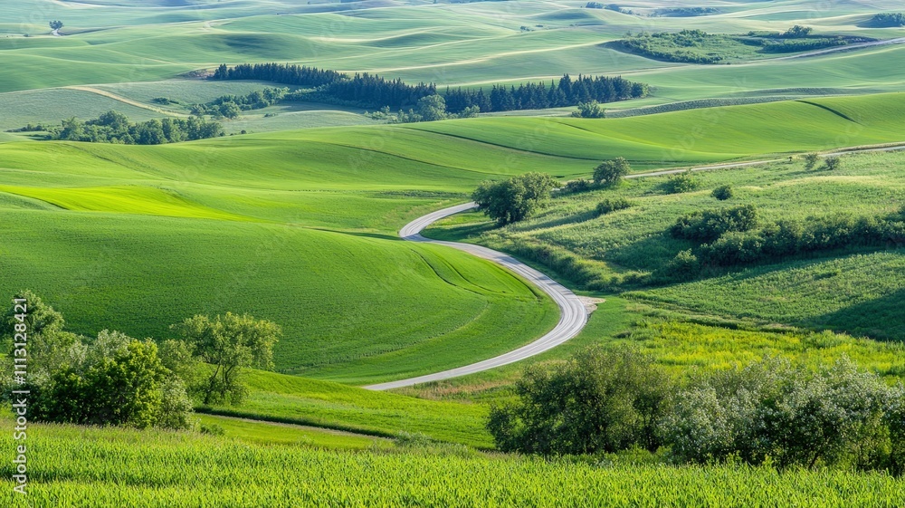 A scenic view of rolling green hills with a winding road through lush vegetation. A scenic view of rolling green hills with a winding road through lush vegetation.