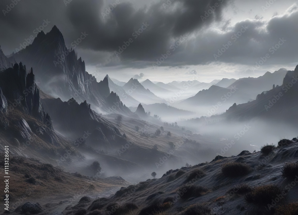 Surreal landscape of dark gray hills and valleys with eerie mist and atmospheric lighting, valleys, hills Surreal landscape of dark gray hills and valleys with eerie mist and atmospheric lighting, valleys, hills