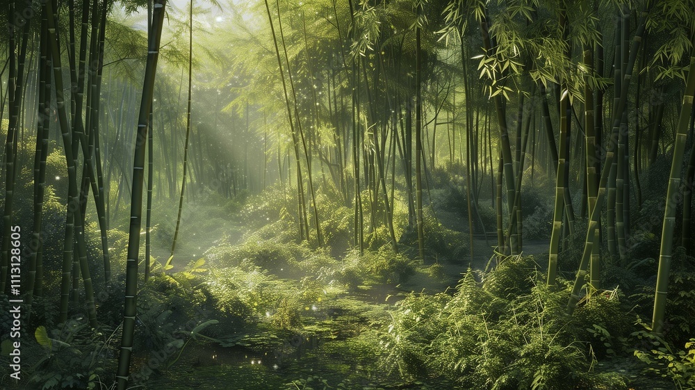 Obraz premium Hyperrealistic depiction of a serene bamboo forest with rays of sunlight filtering through the leaves 