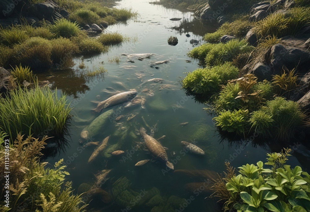 Dead fish and aquatic plants submerged in a polluted river with a murky greenish-brown color , chemical runoff, polluted rivers Dead fish and aquatic plants submerged in a polluted river with a murky greenish-brown color , chemical runoff, polluted rivers