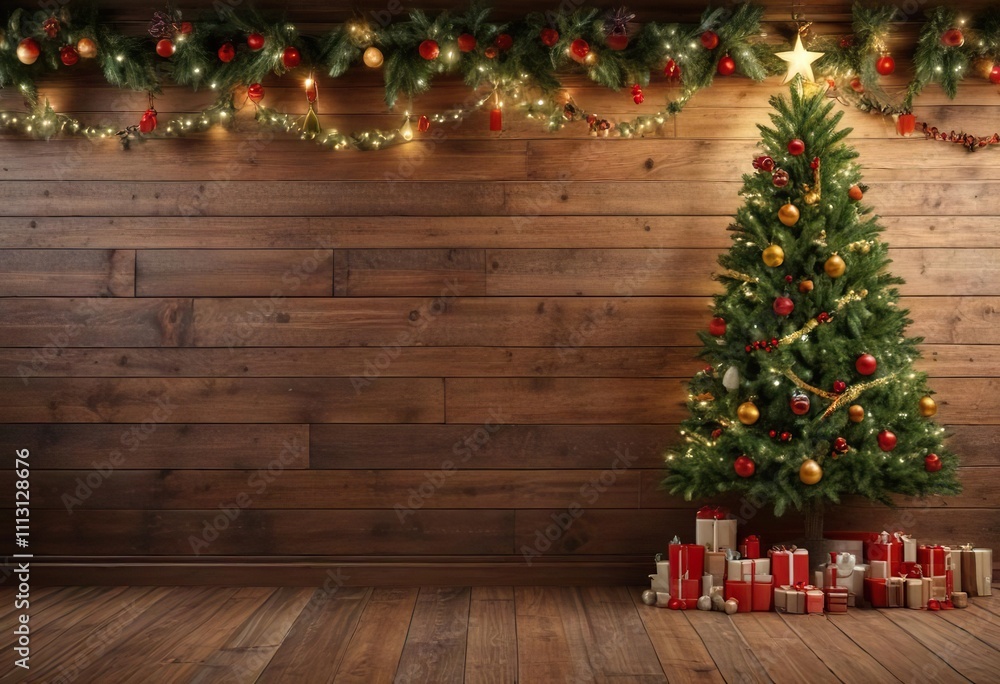 decorated Christmas tree with garland and swags on wooden wall, garland, holiday decorated Christmas tree with garland and swags on wooden wall, garland, holiday