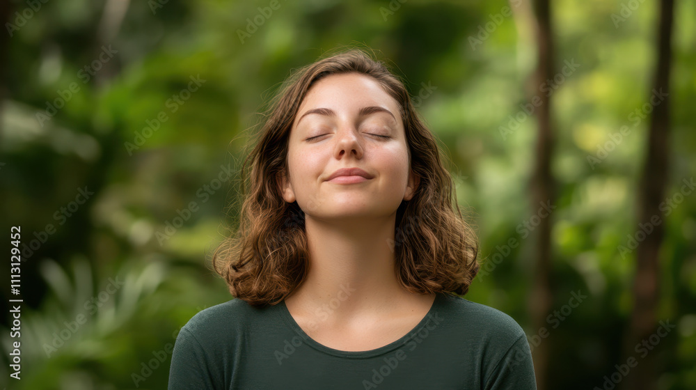 serene woman meditating in lush green environment, embodying tranquility and confidence. Her eyes are closed, and she radiates calmness amidst nature serene woman meditating in lush green environment, embodying tranquility and confidence. Her eyes are closed, and she radiates calmness amidst nature