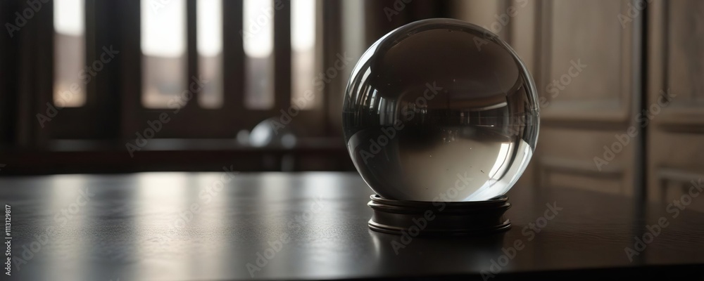 Crystal ball on metal table in dimly lit room, table, high-end Crystal ball on metal table in dimly lit room, table, high-end