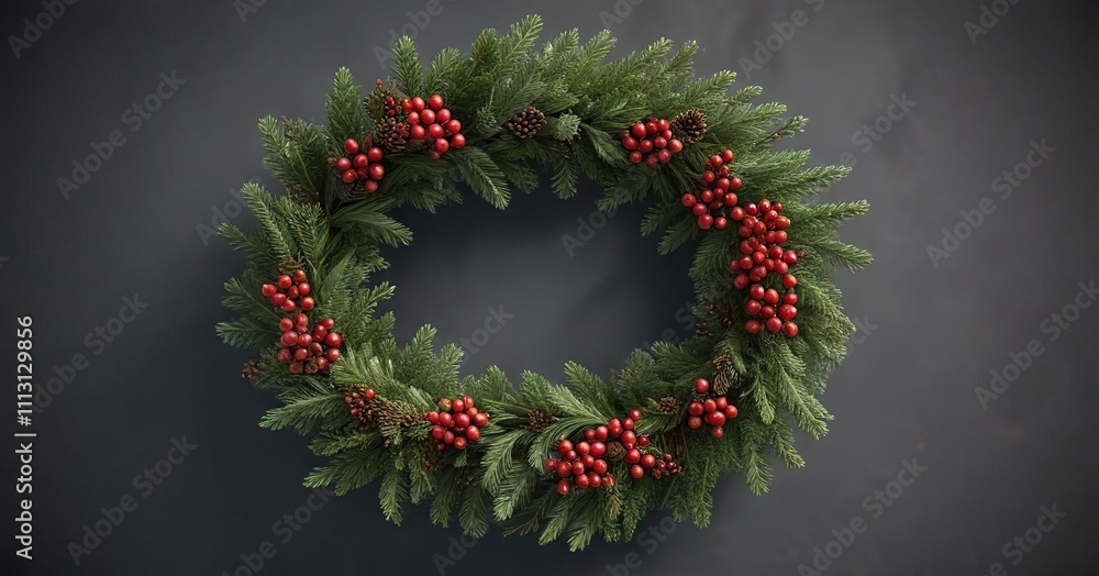 Evergreen wreath with red berries and pine branches, seasonal decoration, holiday craft, Christmas wreath Evergreen wreath with red berries and pine branches, seasonal decoration, holiday craft, Christmas wreath