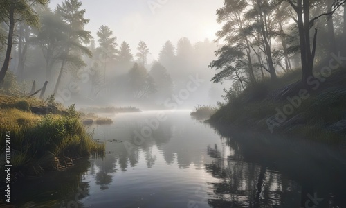 Wallpaper Mural morning fog lifts to reveal a serene river scene , misty, lake, foggy Torontodigital.ca