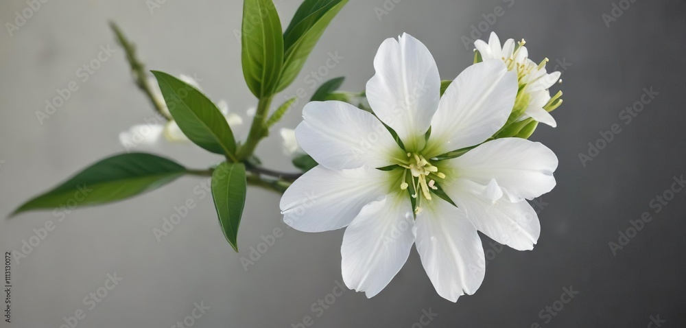 Fototapeta premium A single white jasmine flower unfurls its petals on a vibrant green stem, greenery, botanical, serene scene