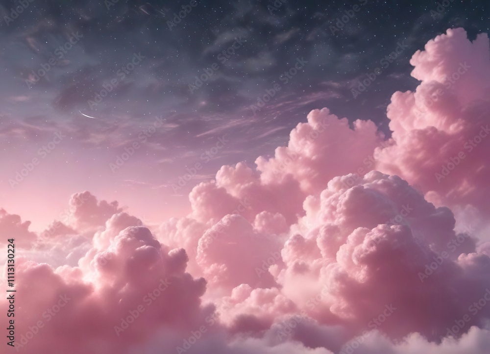 Gentle pink clouds with a subtle gradient effect and twinkling stars above , serene, atmospheric, hazy Gentle pink clouds with a subtle gradient effect and twinkling stars above , serene, atmospheric, hazy
