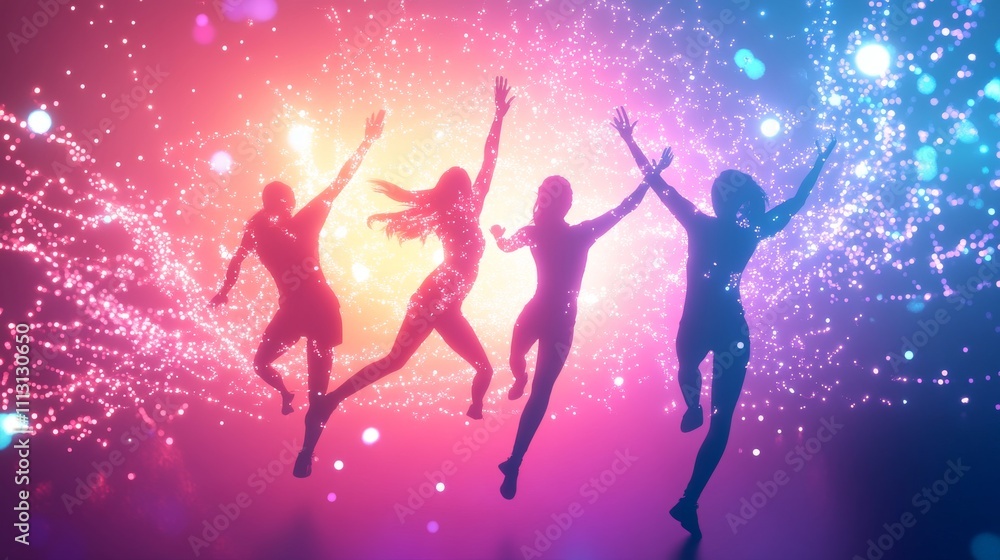 Joyful silhouettes dancing in vibrant colors. Joyful silhouettes dancing in vibrant colors.